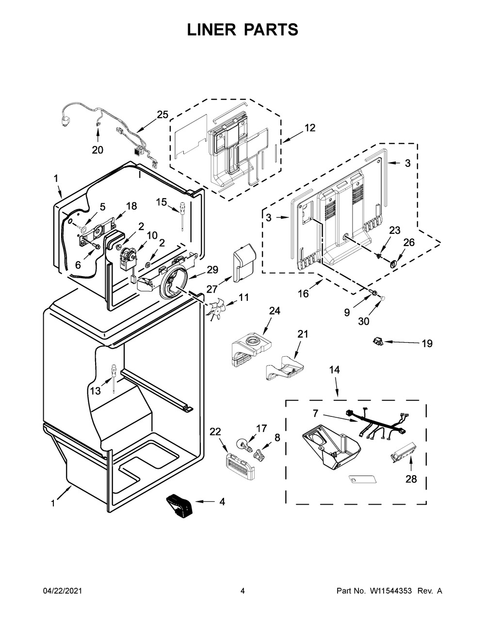 Liner Parts Diagram and Parts List for WRT148FZDB03  Whirlpool Refrigerator