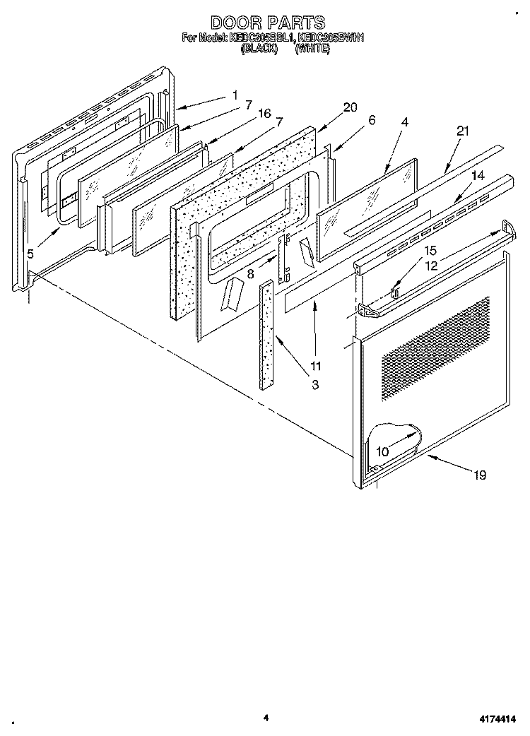 DOOR Diagram and Parts List for KEDC205BWH1  KitchenAid Range