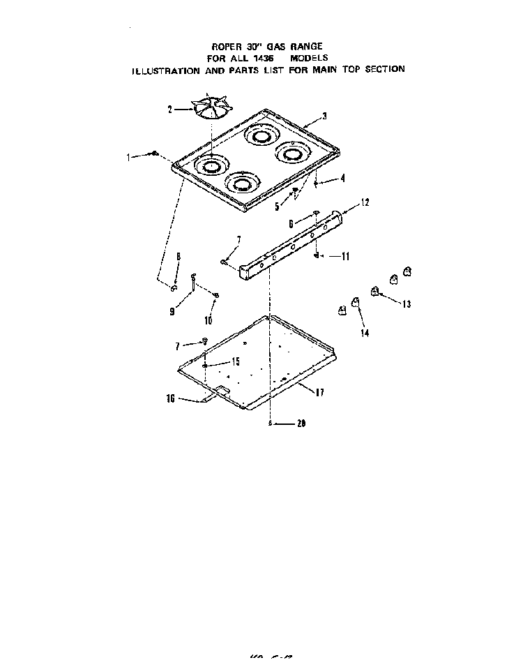 Main Top Diagram and Parts List for 1436*1A  Roper Range