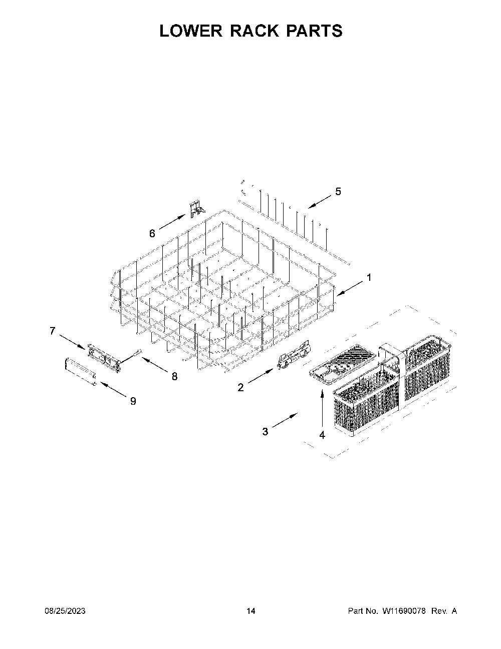 Lower Rack Parts Diagram and Parts List for KDTM405PPS0  KitchenAid Dishwasher