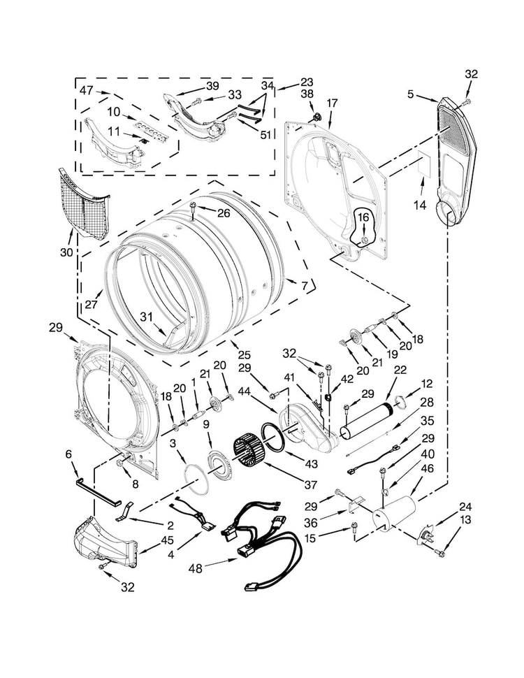Bulkhead Parts Diagram and Parts List for WGD75HEFW0  Whirlpool Dryer