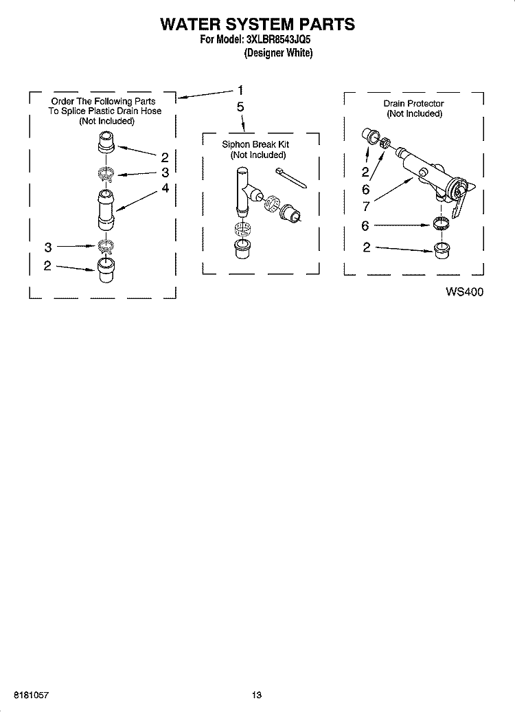 WATER SYSTEM PARTS, OPTIONAL PARTS (NOT INCLUDED) Diagram and Parts List for 3XLBR8543JQ5  Whirlpool Washer