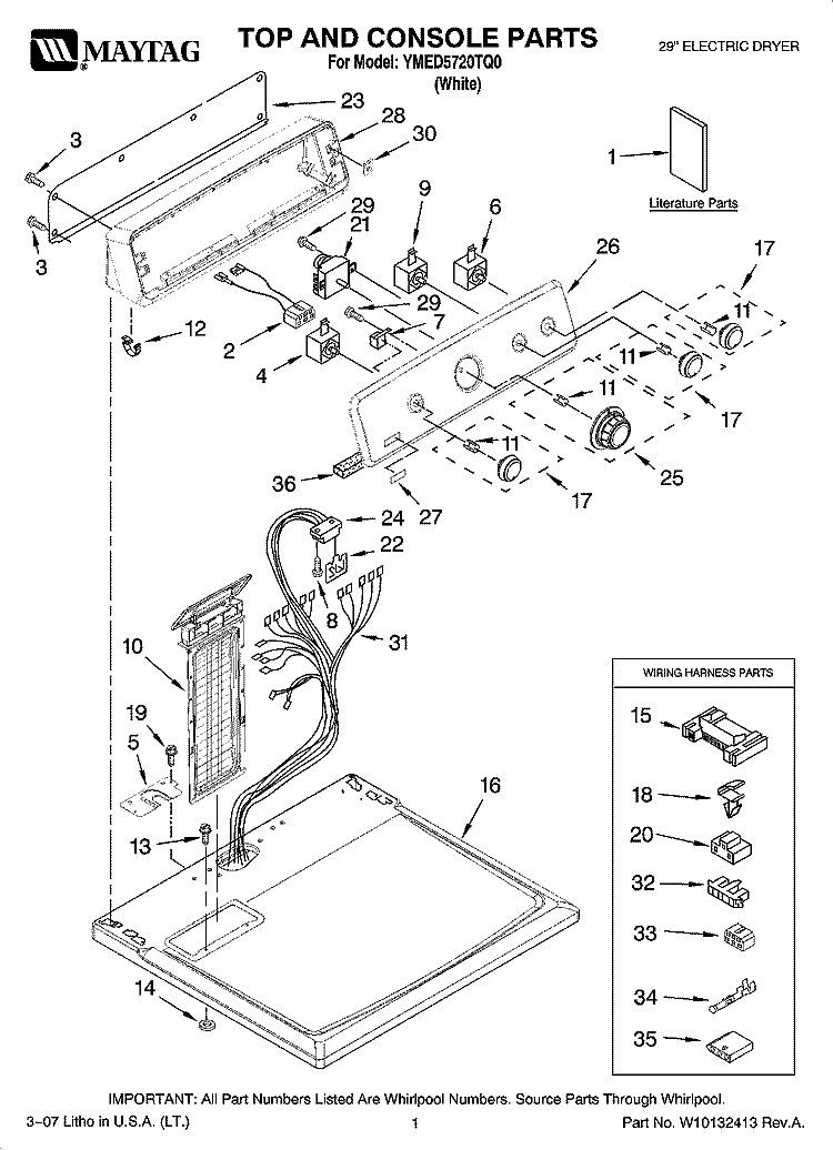 TOP AND CONSOLE PARTS Diagram and Parts List for YMED5720TQ0  Maytag Dryer