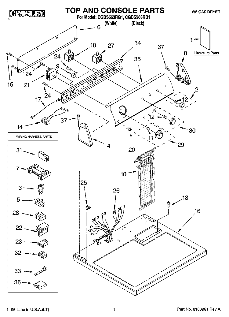 TOP AND CONSOLE PARTS Diagram and Parts List for CGDS563RQ1  Crosley Dryer