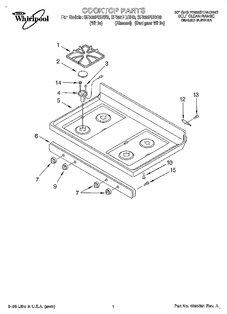COOKTOP Diagram and Parts List for SF365PEGN0  Whirlpool Range