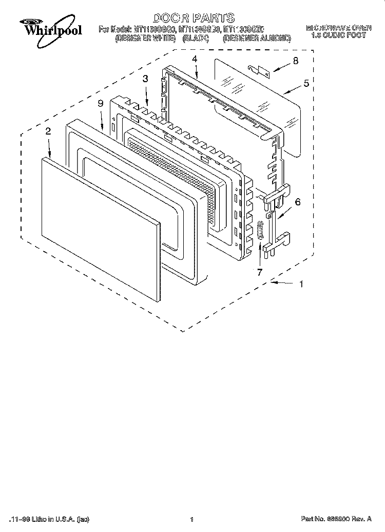 DOOR Diagram and Parts List for MT1130SGB0  Whirlpool Microwave