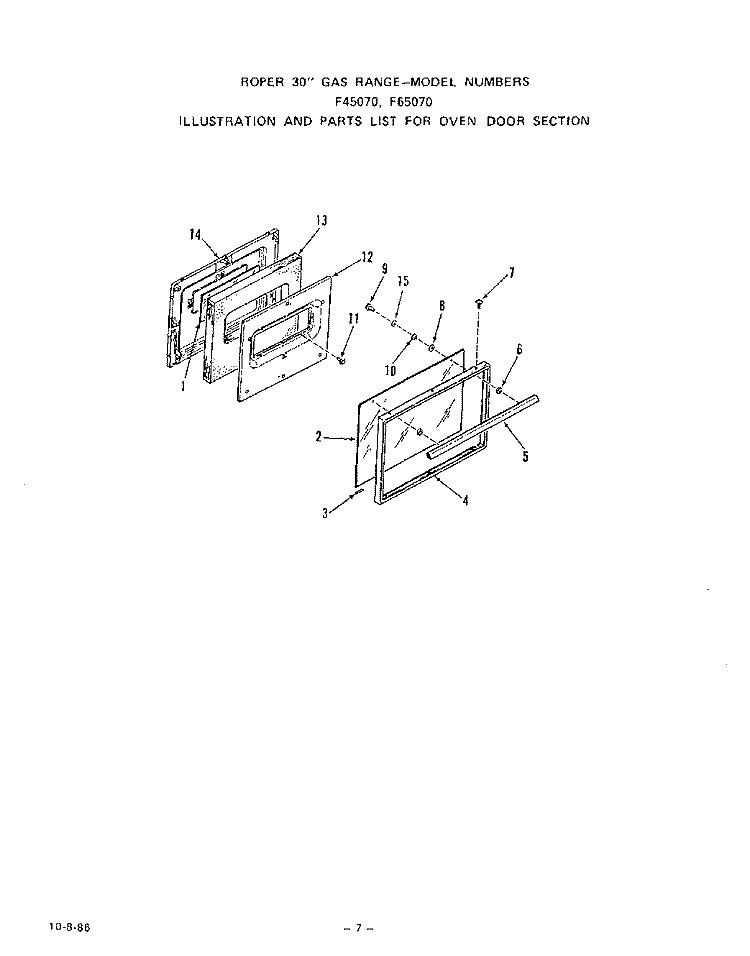 OVEN DOOR Diagram and Parts List for F4507W0  Roper Range