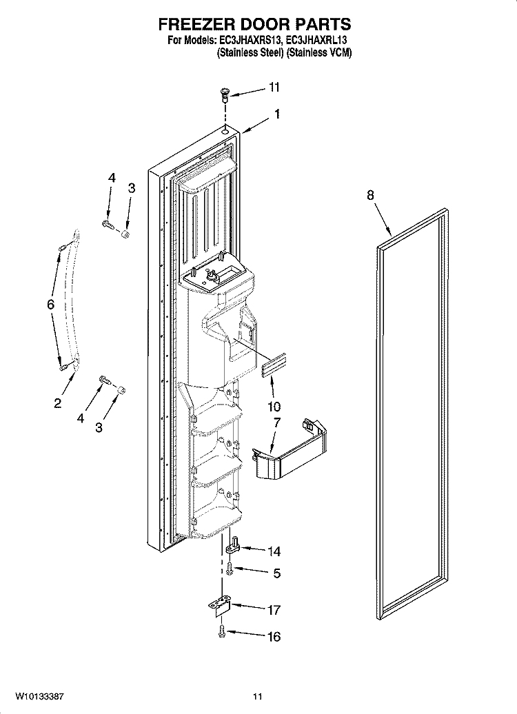 FREEZER DOOR PARTS Diagram and Parts List for EC3JHAXRL13  Whirlpool Refrigerator