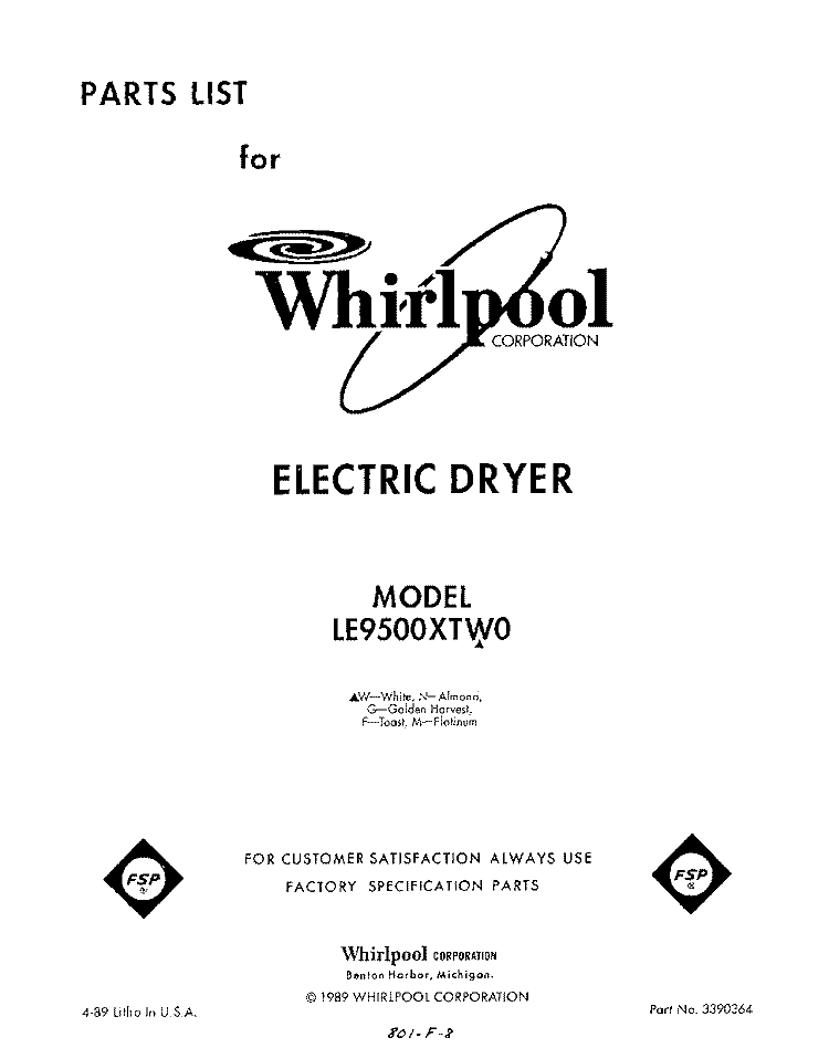 SECTION Diagram and Parts List for LE9500XTN0  Whirlpool Dryer