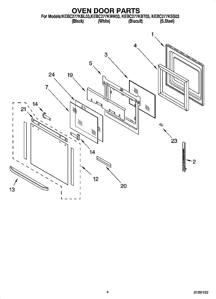 OVEN DOOR PARTS Diagram and Parts List for KEBC277KBL03  KitchenAid Wall Oven