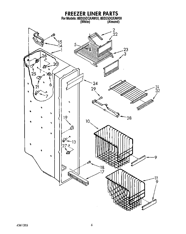 FREEZER LINER Diagram and Parts List for 8ED25DQXAN00  Whirlpool Refrigerator
