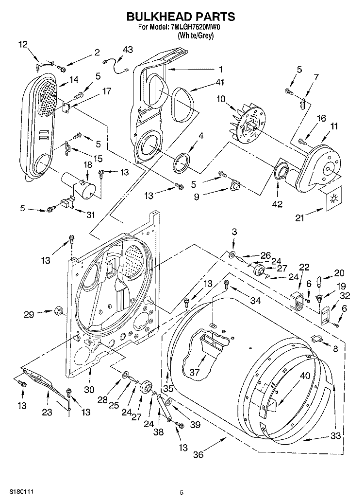 BULKHEAD PARTS Diagram and Parts List for 7MLGR7620MW0  Whirlpool Dryer