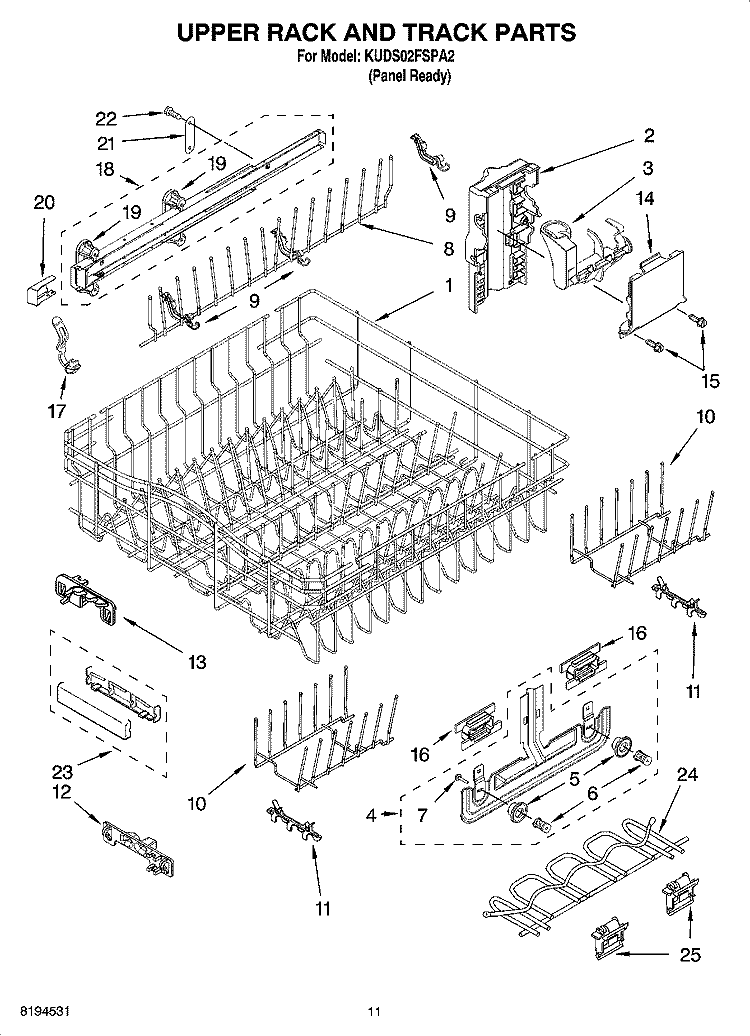 UPPER RACK AND TRACK PARTS Diagram and Parts List for KUDS02FSPA2  KitchenAid Dishwasher