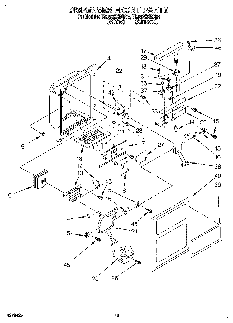 DISPENSER FRONT Diagram and Parts List for TS25AQXBW00  Estate Refrigerator
