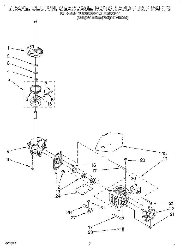 BRAKE, CLUTCH, GEARCASE, MOTOR AND PUMP Diagram and Parts List for 2LSR5233BZ1  Whirlpool Washer