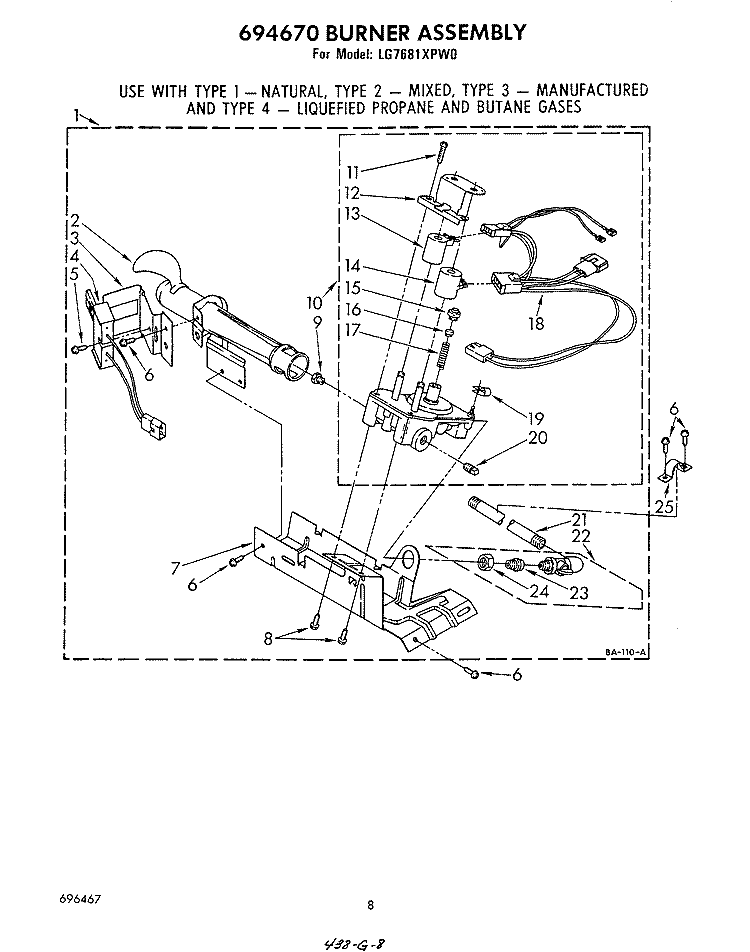694670 BURNER Diagram and Parts List for LG7681XPW0  Whirlpool Dryer