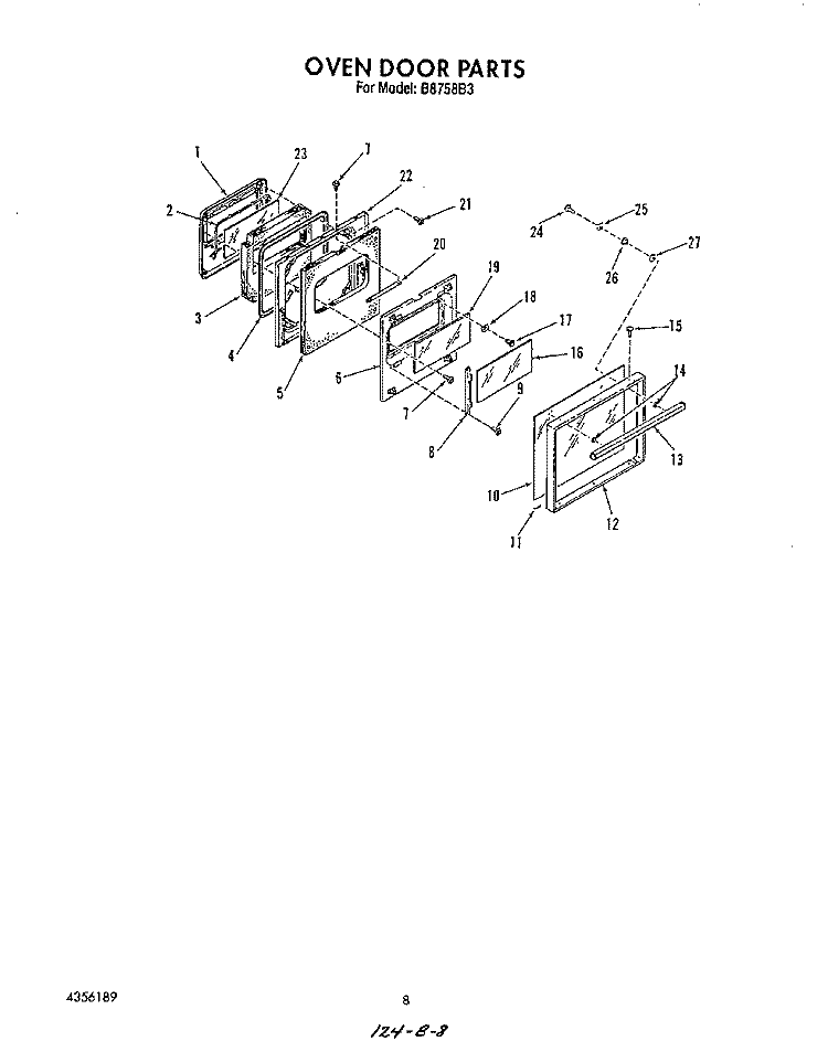 OVEN DOOR , LIT/OPTIONAL Diagram and Parts List for B8758B3  Roper Range