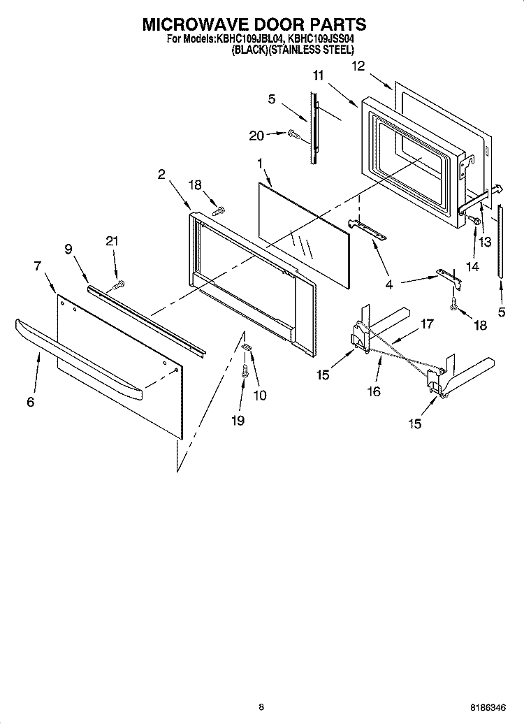 MICROWAVE DOOR PARTS, OPTIONAL PARTS Diagram and Parts List for KBHC109JSS04  KitchenAid Microwave Oven Combo