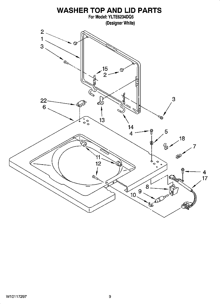 WASHER TOP AND LID PARTS Diagram and Parts List for YLTE6234DQ6  Whirlpool Washer Dryer Combo