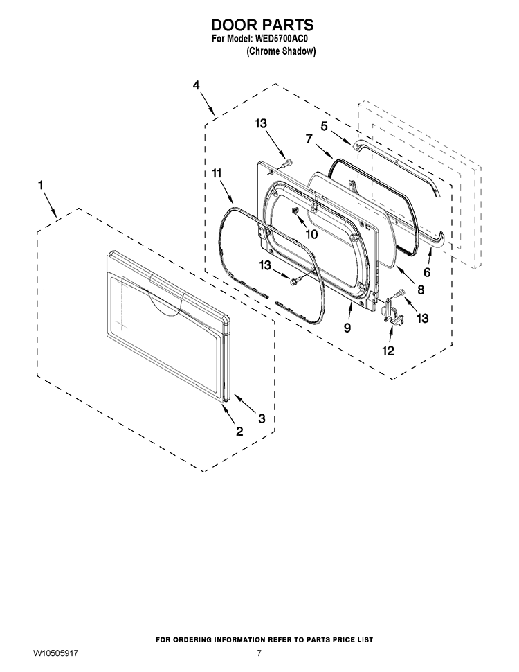DOOR PARTS Diagram and Parts List for WED5700AC0  Whirlpool Dryer