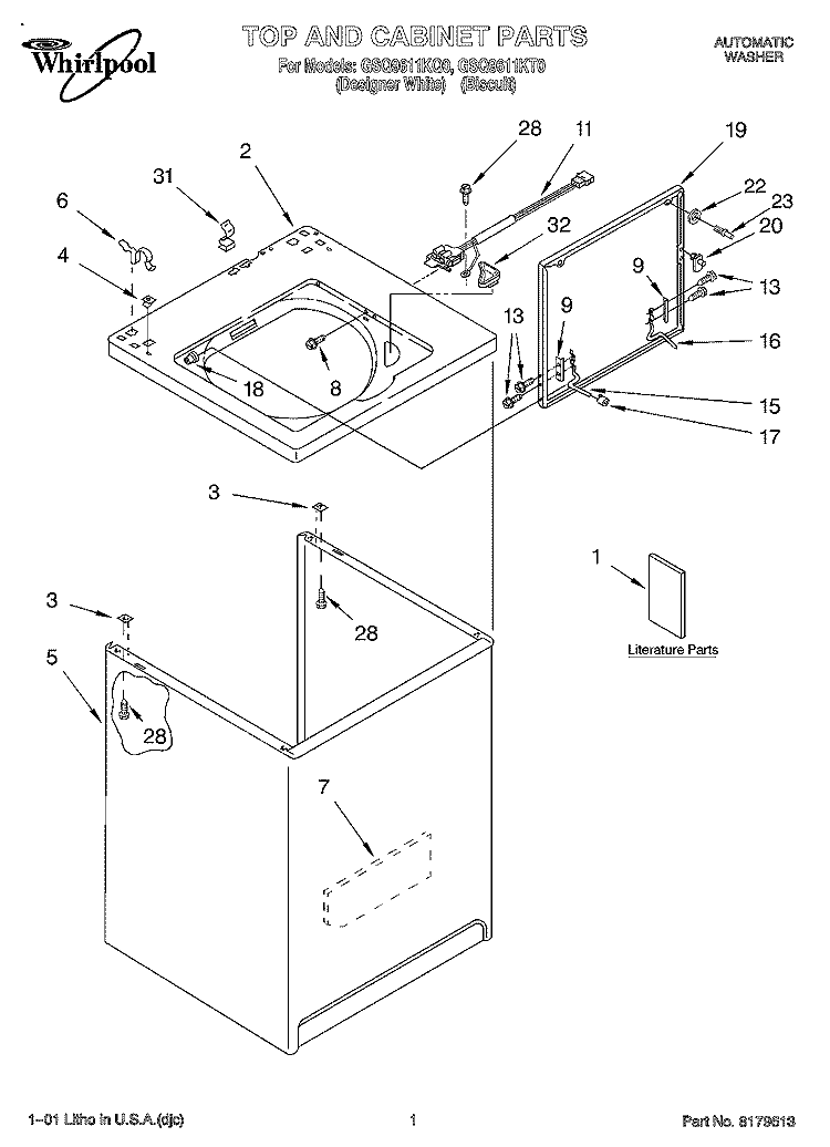 TOP AND CABINET, LITERATURE Diagram and Parts List for GSQ9611KT0  Whirlpool Washer