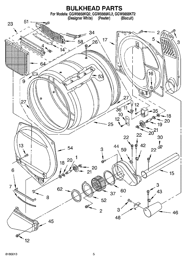 BULKHEAD PARTS Diagram and Parts List for GGW9868KL2  Whirlpool Dryer