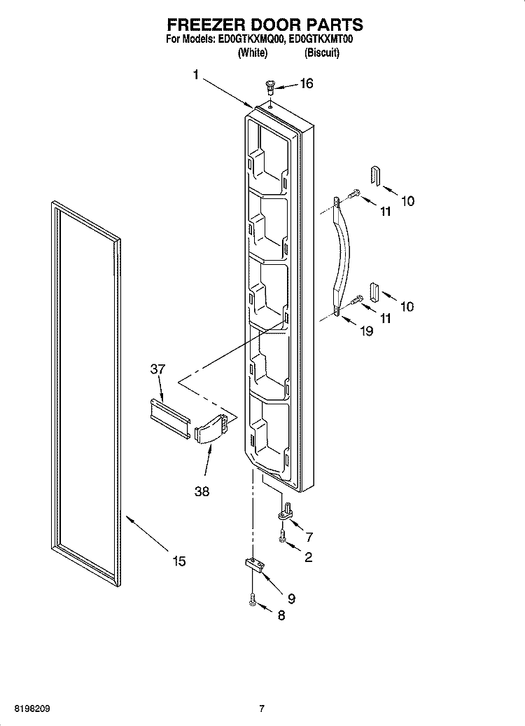 FREEZER DOOR PARTS Diagram and Parts List for ED0GTKXMQ00  Whirlpool Refrigerator