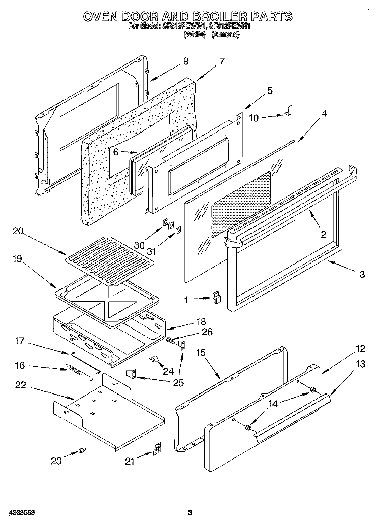 OVEN DOOR AND BROILER Diagram and Parts List for SF312PEWW1  Whirlpool Range