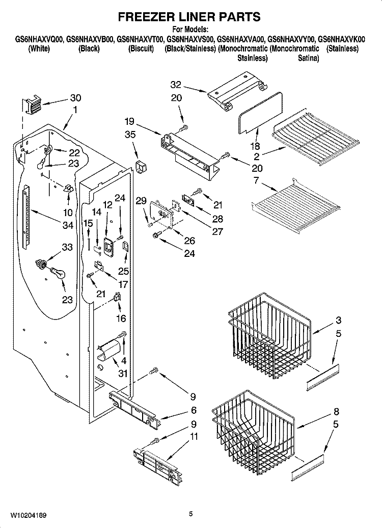 FREEZER LINER PARTS Diagram and Parts List for GS6NHAXVT00  Whirlpool Refrigerator