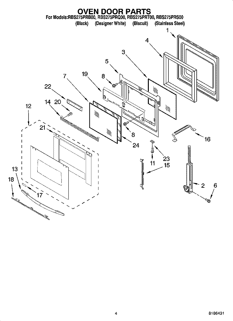 OVEN DOOR PARTS Diagram and Parts List for RBS275PRB00  Whirlpool Wall Oven