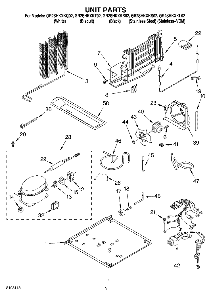 UNIT Diagram and Parts List for GR2SHKXKT02  Whirlpool Refrigerator
