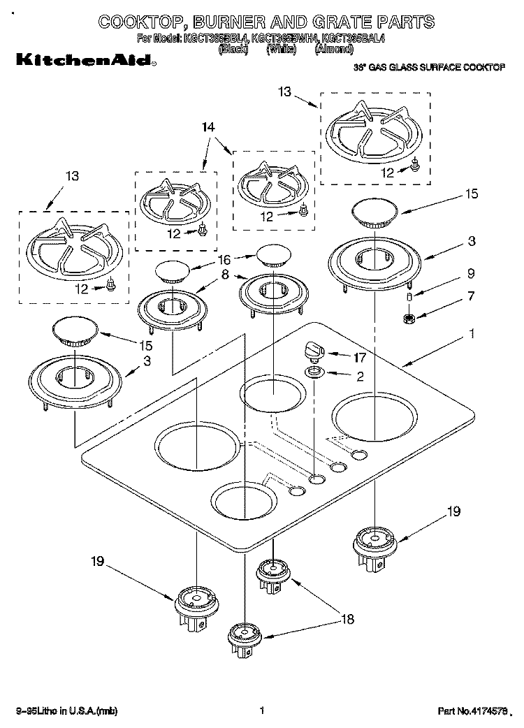 COOKTOP, BURNER AND GRATE Diagram and Parts List for KGCT365BAL4  KitchenAid Cooktop