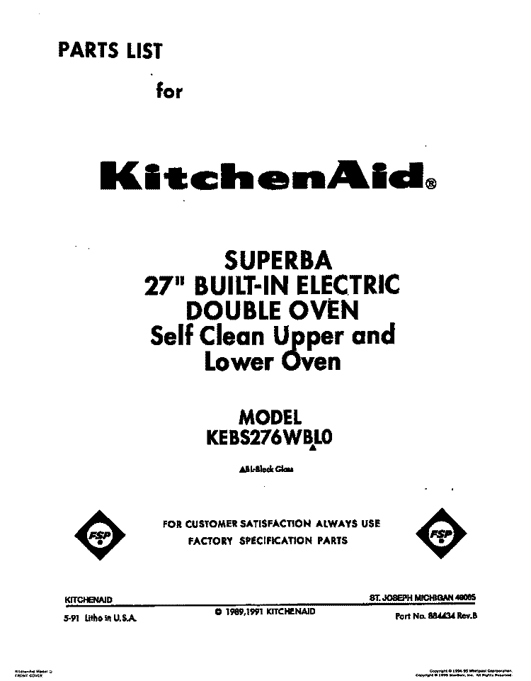 COVER Diagram and Parts List for KEBS276WBL0  KitchenAid Wall Oven