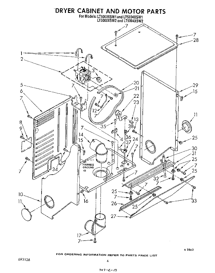 DRYER CABINET AND MOTOR Diagram and Parts List for LT5000XSW1  Whirlpool Washer Dryer Combo