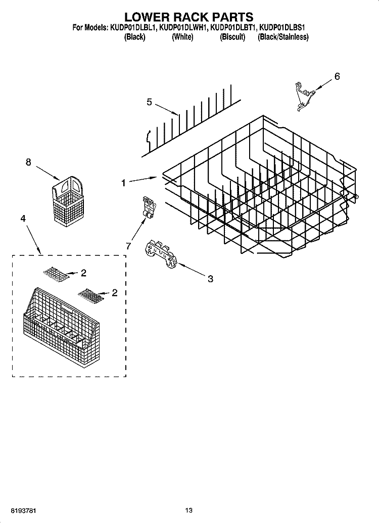 LOWER RACK PARTS Diagram and Parts List for KUDP01DLBS1  KitchenAid Dishwasher