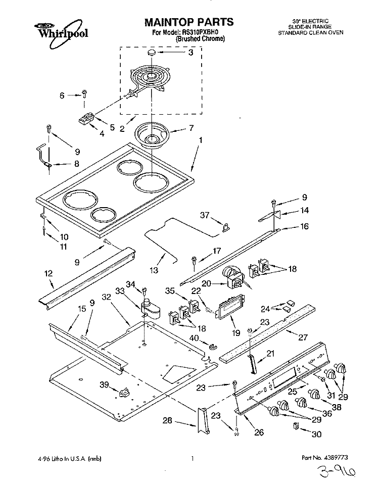 SECTION Diagram and Parts List for RS310PXBH0  Whirlpool Range