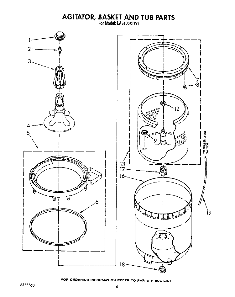 AGITATOR, BASKET AND TUB Diagram and Parts List for LA5100XTF1  Whirlpool Washer