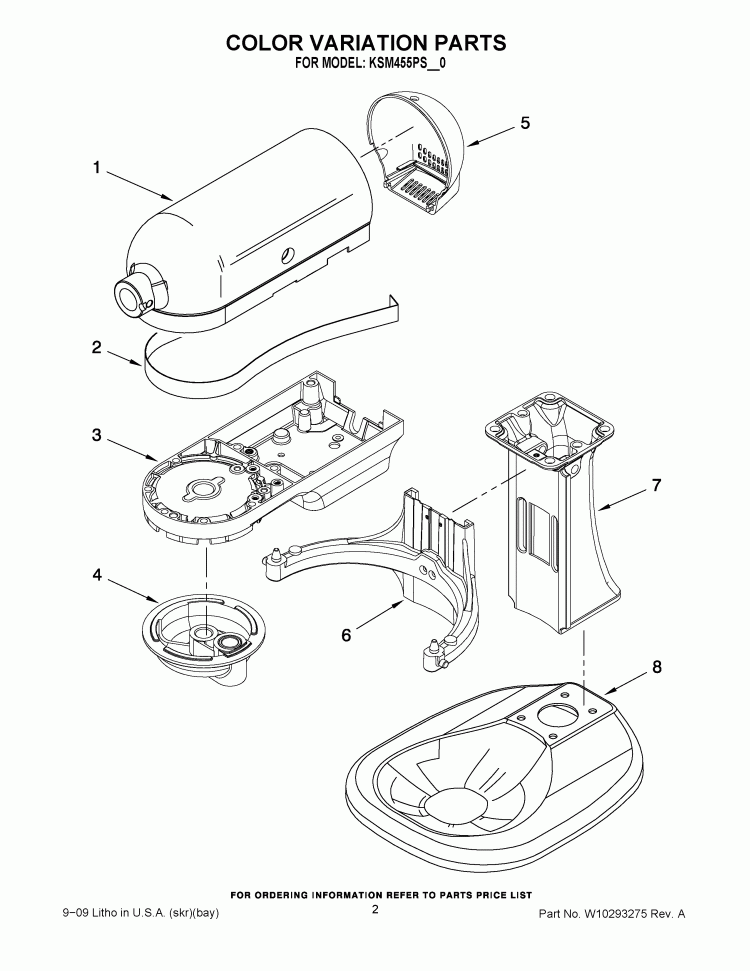 COLOR VARIATION PARTS Diagram and Parts List for KSM455PSSM0  KitchenAid Mixer