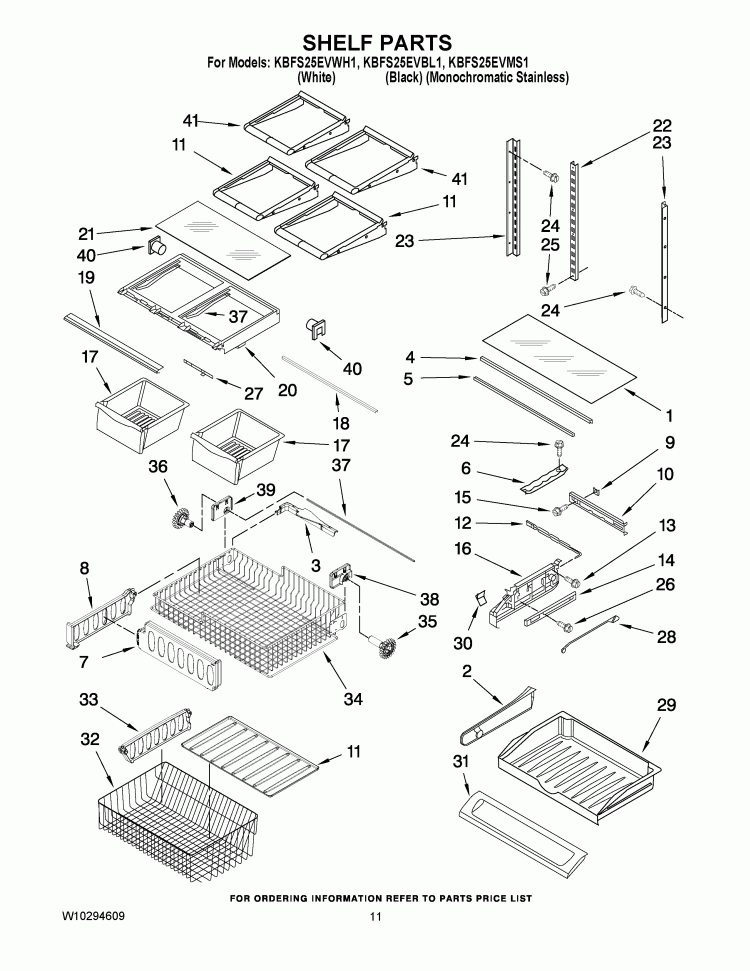 SHELF PARTS Diagram and Parts List for KBFS25EVMS1  KitchenAid Refrigerator