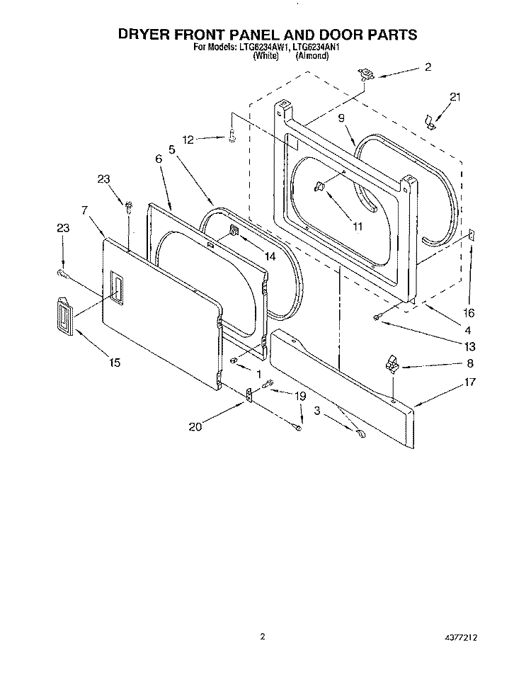 DRYER FRONT PANEL AND DOOR Diagram and Parts List for LTG6234AW1  Whirlpool Washer Dryer Combo