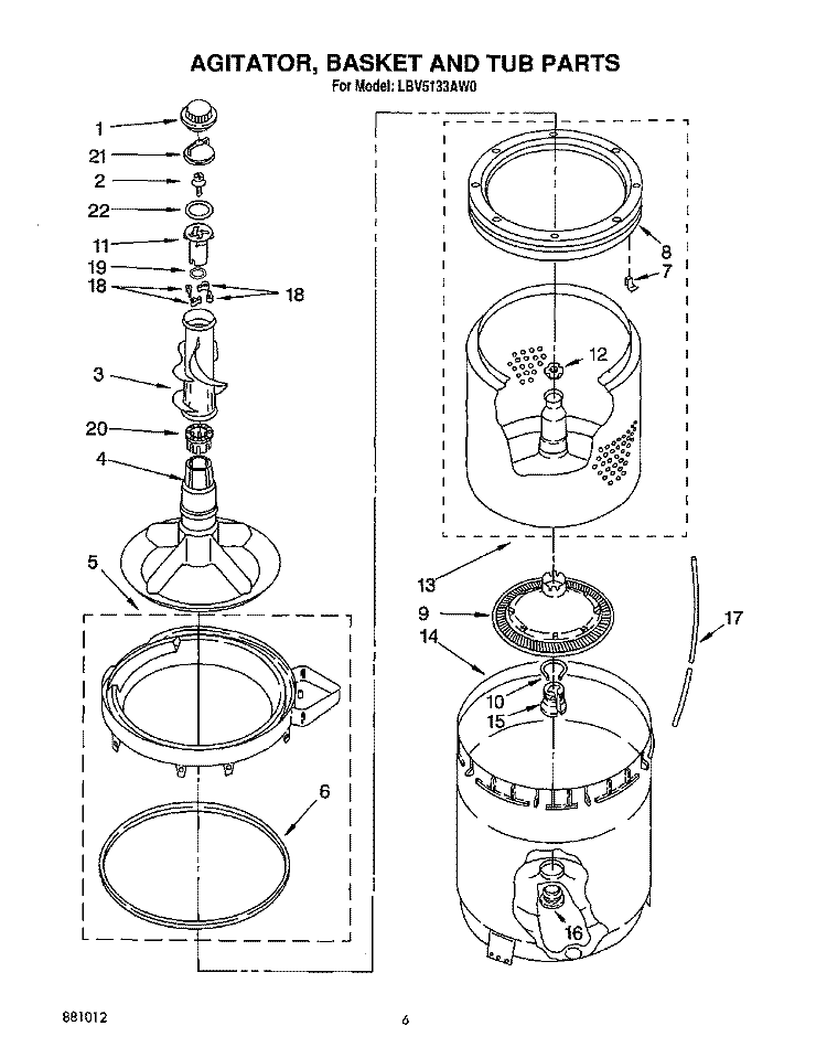AGITATOR, BASKET AND TUB Diagram and Parts List for LBV5133AW0  Whirlpool Washer