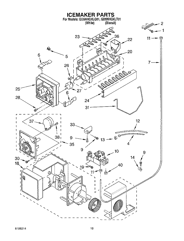 ICEMAKER Diagram and Parts List for GD5NHGXLQ01  Whirlpool Refrigerator