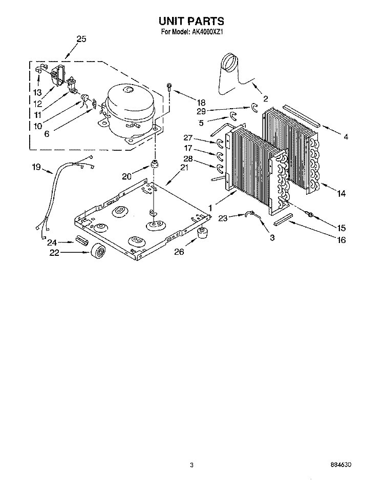 UNIT Diagram and Parts List for AK4000XZ1  Whirlpool Dehumidifier