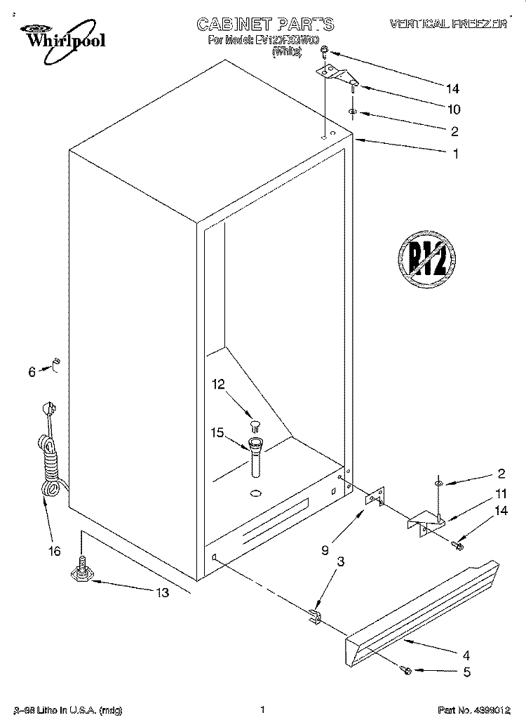 CABINET Diagram and Parts List for EV120FXGW00  Whirlpool Freezer