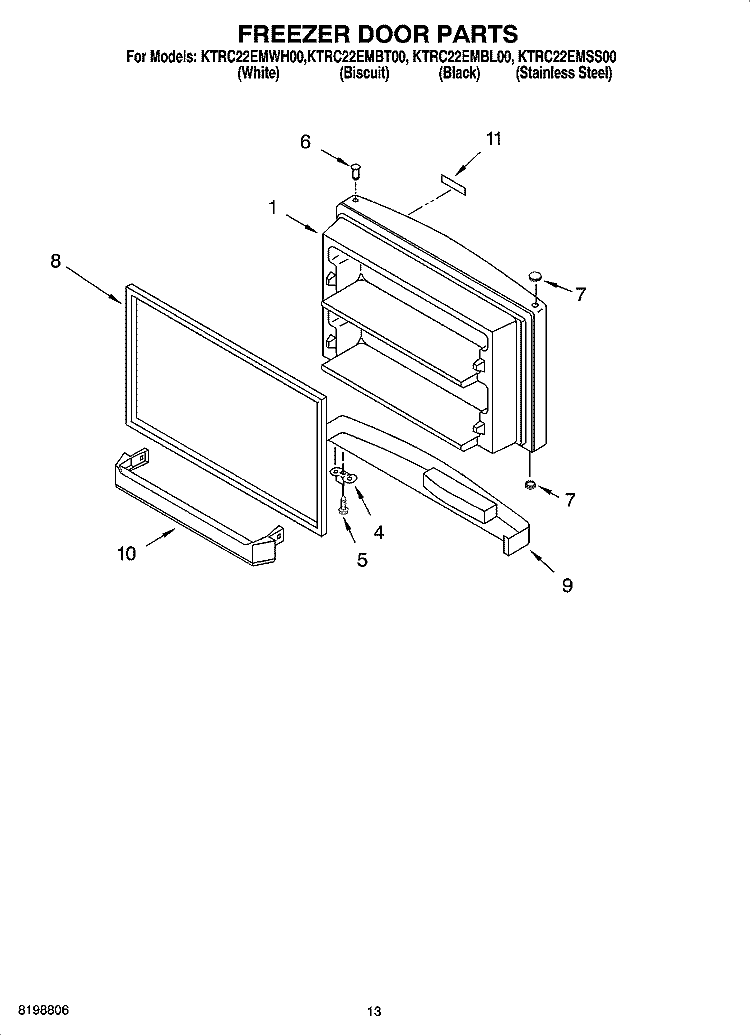 FREEZER DOOR PARTS Diagram and Parts List for KTRC22EMBT00  KitchenAid Refrigerator