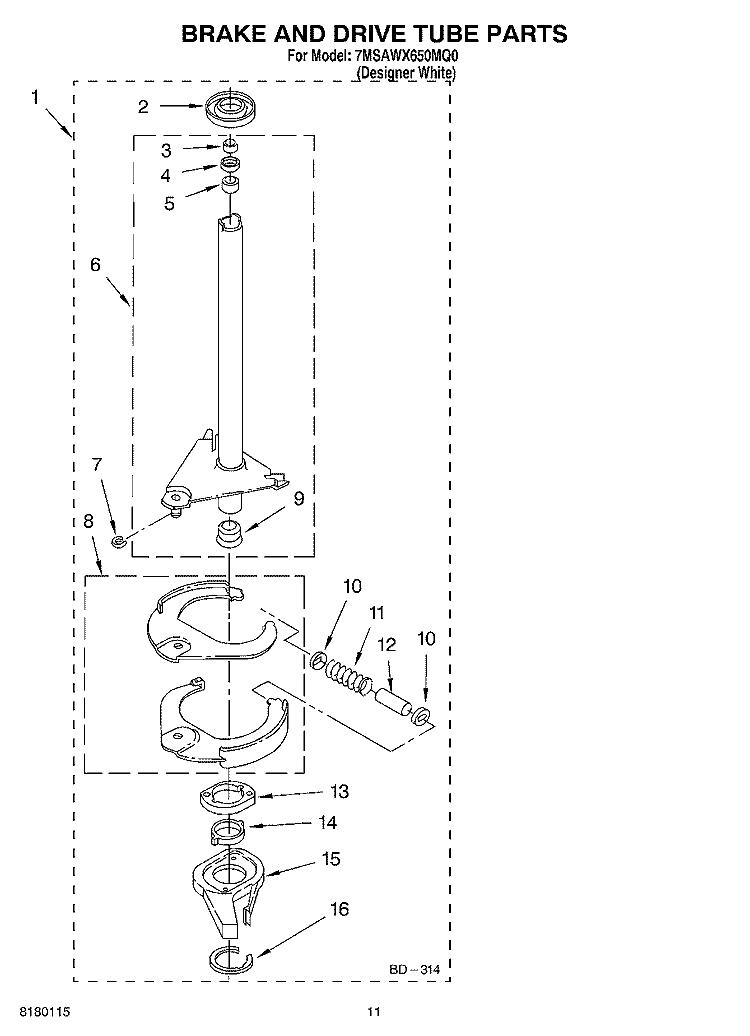 BRAKE AND DRIVE TUBE PARTS Diagram and Parts List for 7MSAWX650MQ0  Whirlpool Washer