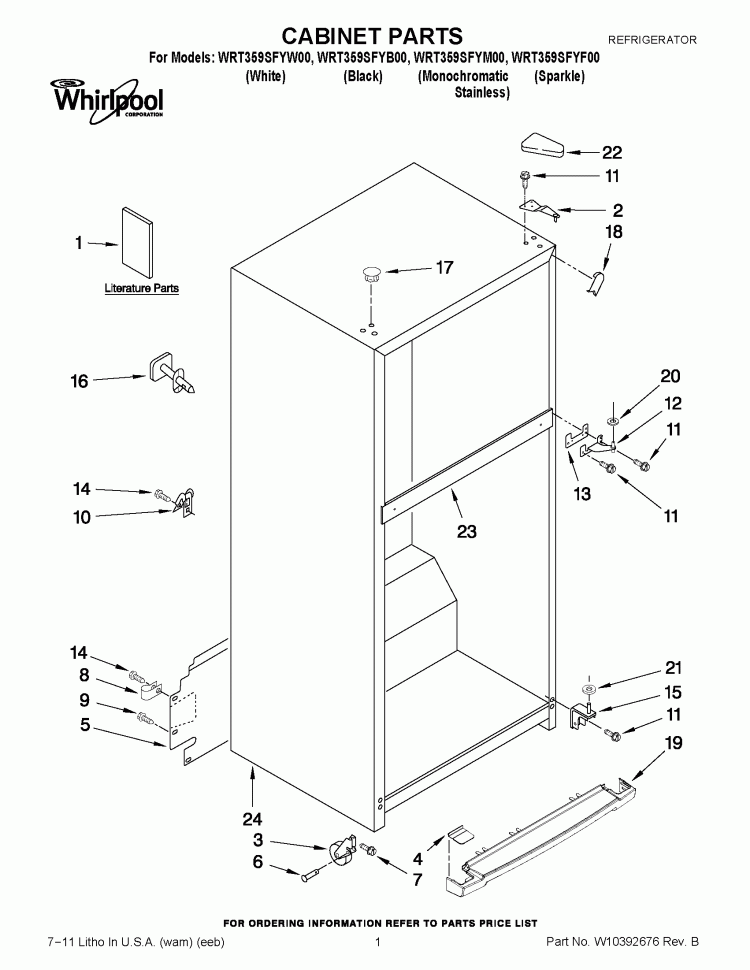 CABINET PARTS Diagram and Parts List for WRT359SFYB00  Whirlpool Refrigerator