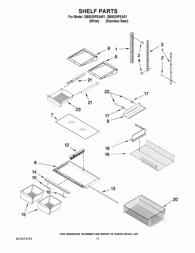 SHELF PARTS Diagram and Parts List for GB5525PEAW1  Whirlpool Refrigerator