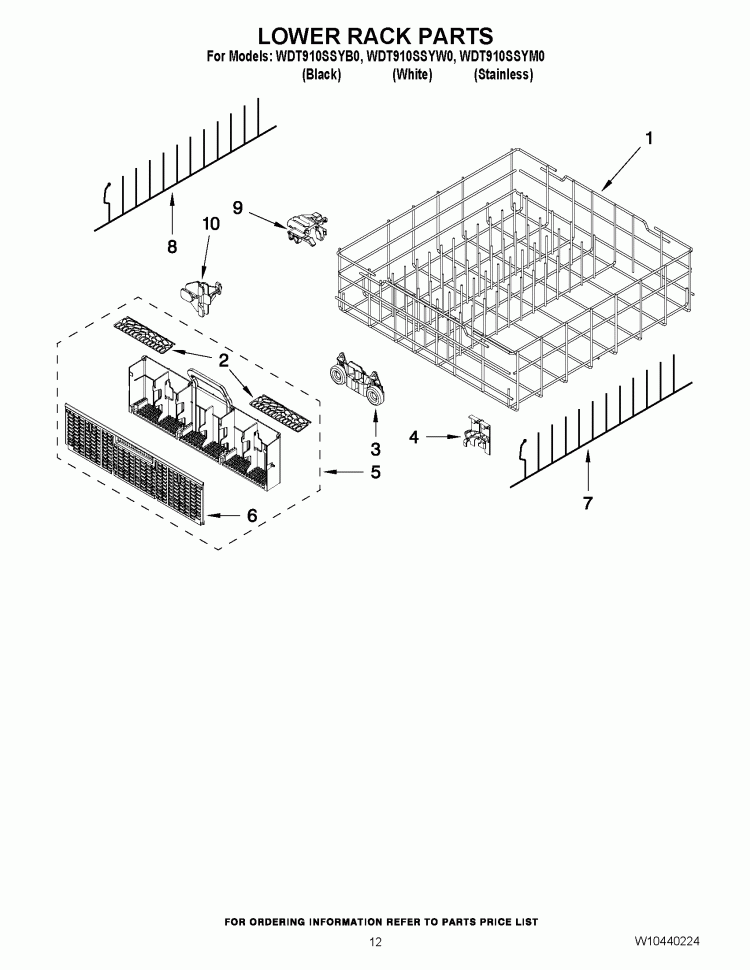 LOWER RACK PARTS Diagram and Parts List for WDT910SSYW0  Whirlpool Dishwasher
