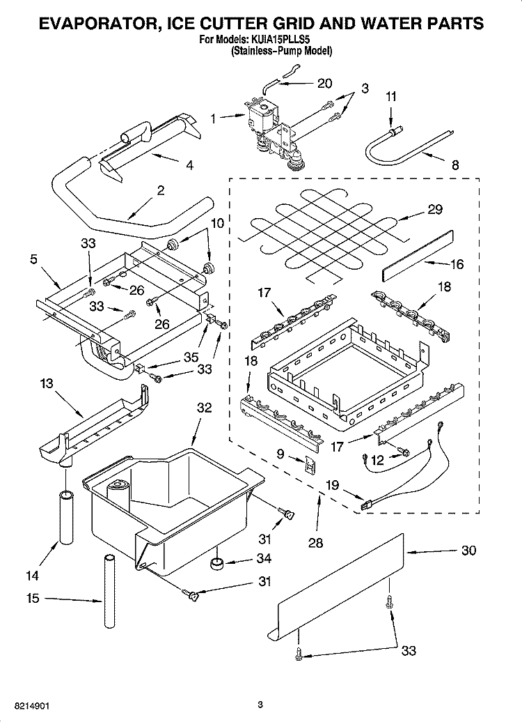 EVAPORATOR, ICE CUTTER GRID AND WATER PARTS Diagram and Parts List for KUIA15PLLS5  KitchenAid Ice Maker